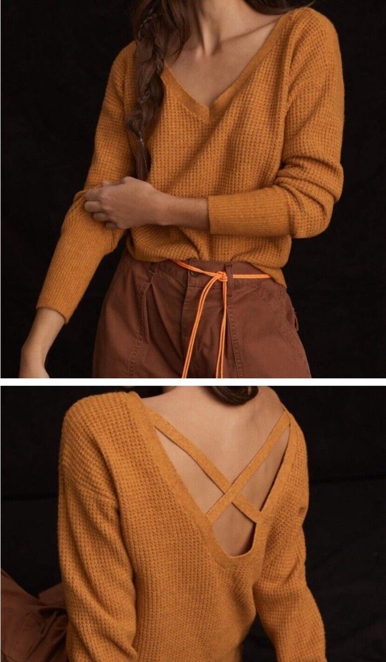 ANTHROPOLOGIE MAEVE Cross Back Sweater mustard yellow gold XS